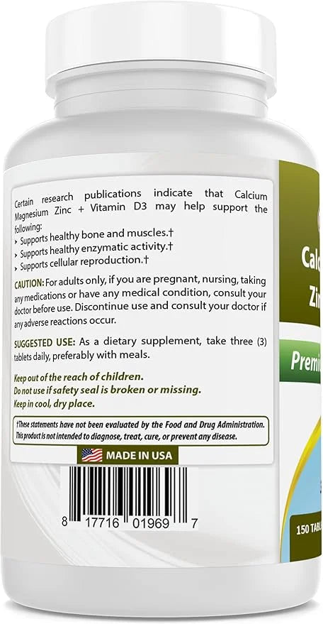 Best Naturals Calcium Magnesium Zinc D3, 150 150 Tablets 1000 mg, 400 mg, 25 mg D3 600 600 IU (3 Tablets)