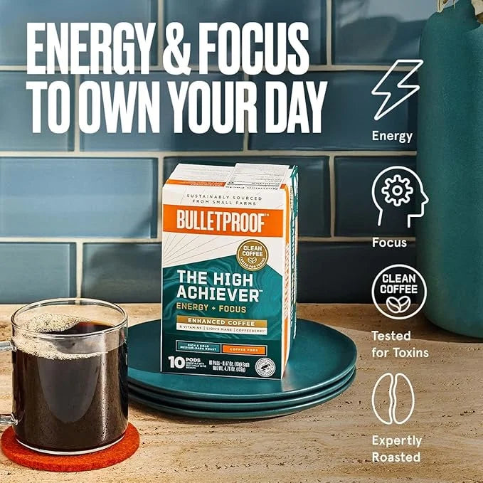 Bulletproof The High Achiever Single-Serve Pods, 10 count, Medium-Dark Roast Enhanced Coffee with Lion's Mane Mushroom, B ...