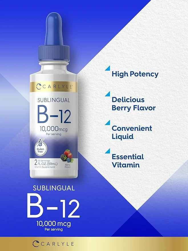 Carlyle Vitamin B12 Sublingual | 10,000mcg | 2 fl oz | Vegetarian, Non-GMO, Gluten Free Liquid Drops - Product Image