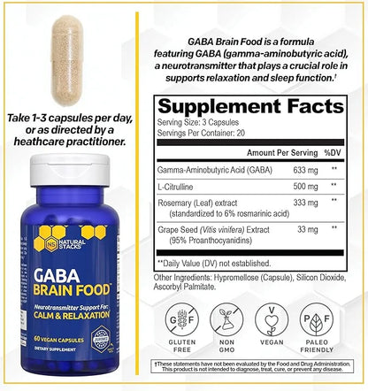 GABA Brain Food - GABA Supplement with L-Citrulline & Grape Seed Extract - Supports Calm & Relaxation - Nighttime Sleep Ai...