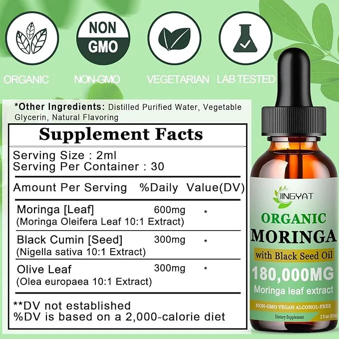 Organic Moringa Liquid Drops,Pure Moringa Oleifera Leaves Extract w/Black Seed Oil Supplement for Energy,Skin,Gut Health,I...