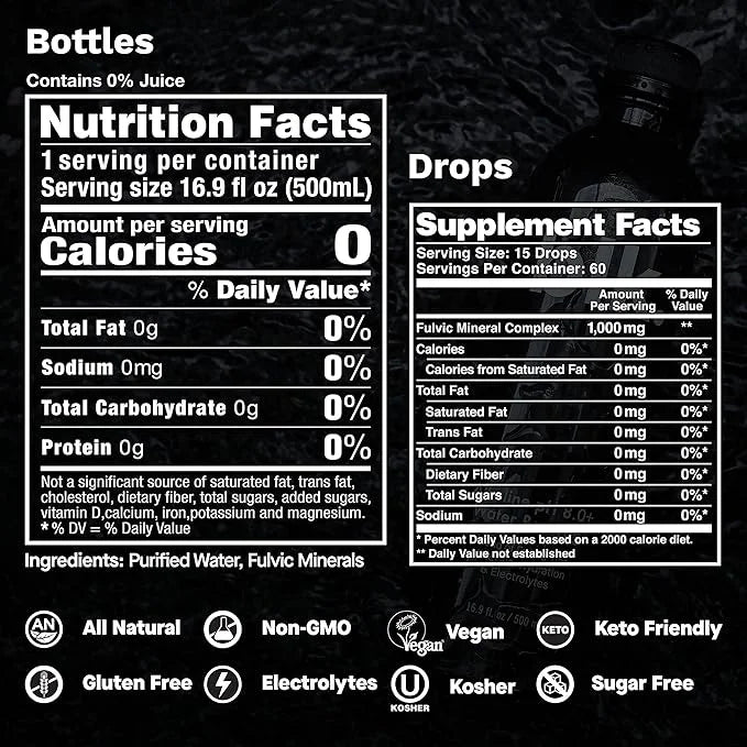12ct Natural Mineral Alkaline Water 16.9oz and 1ct Concentrated blk. Drops and Bioavailable Fulvic & Humic Acid Over 77 Tr...