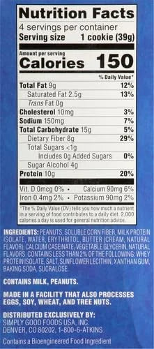 Atkins Peanut Butter Protein Cookie, Protein Dessert, Rich in Fiber, 3g Net Carb, 1g Sugar, Keto Friendly, 4 Count - Produ...