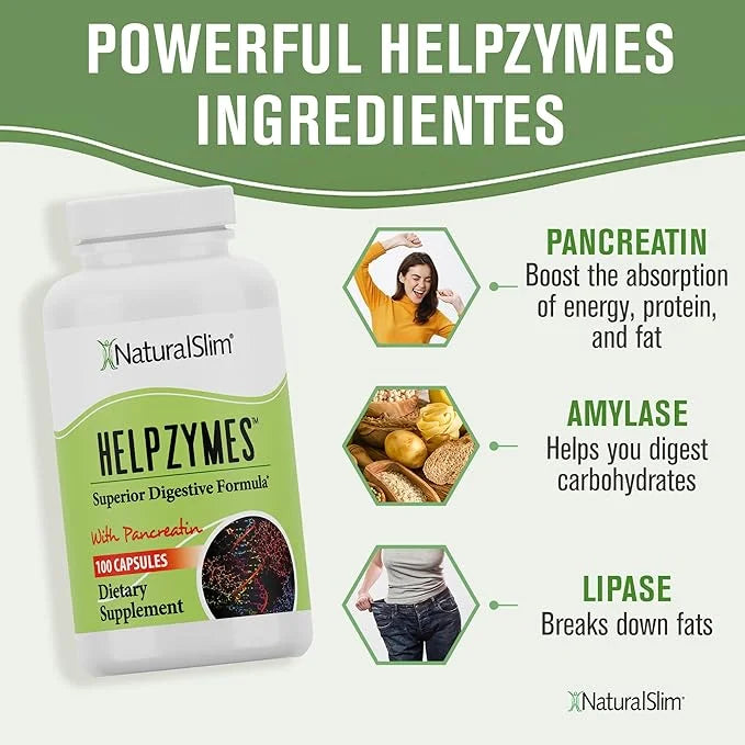 NaturalSlim Helpzymes Digestive Enzymes for Digestion, 100 Caps (3 Pack)