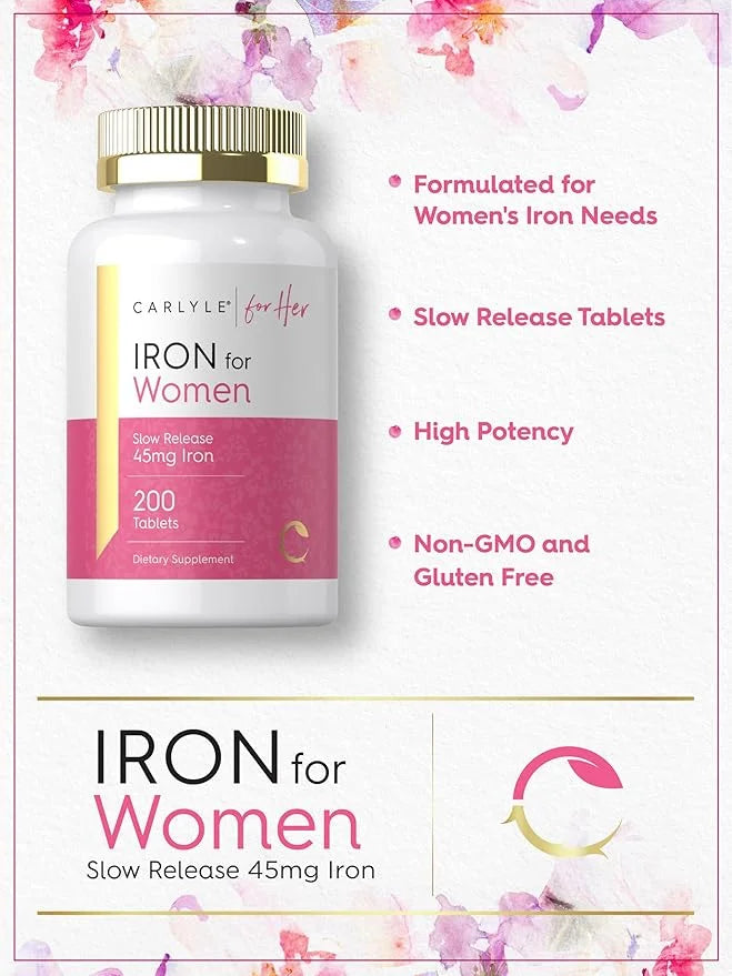 Carlyle Iron Supplement for Women | 45mg | 200 Slow Release Tablets | Vegetarian, Non-GMO, Gluten Free Pills | for Her - P...