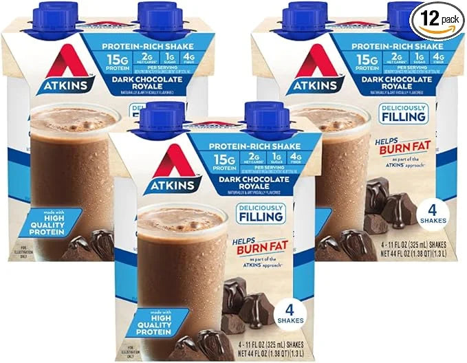 Atkins Dark Chocolate Royale Protein Shake, 15g Protein, Low Glycemic, 2g Net Carb, 1g Sugar, Keto Friendly, 12 Count - Pr...