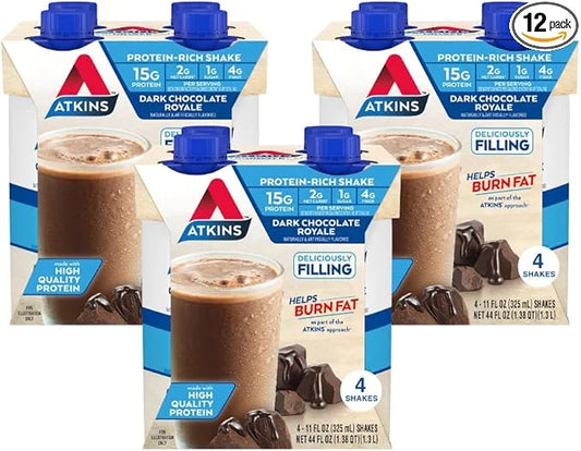Atkins Dark Chocolate Royale Protein Shake, 15g Protein, Low Glycemic, 2g Net Carb, 1g Sugar, Keto Friendly, 12 Count - Pr...