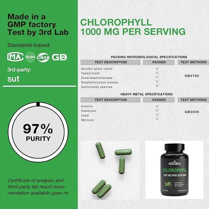 Chlorophyll Capsules 1000mg - 100% Natural Potency Concentration for Women & Men, Gut Health, Skin Support - Natural Energ...