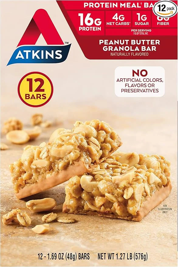Atkins Peanut Butter Granola Protein Meal Bar, High Fiber, 16g Protein, 1g Sugar, 4g Net Carb, Meal Replacement, Keto Frie...