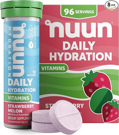Nuun Hydration Vitamins Electrolyte Tablets, Strawberry Melon, 5 Essential Electrolytes for Hydration + Vitamin A, B6, C, ...