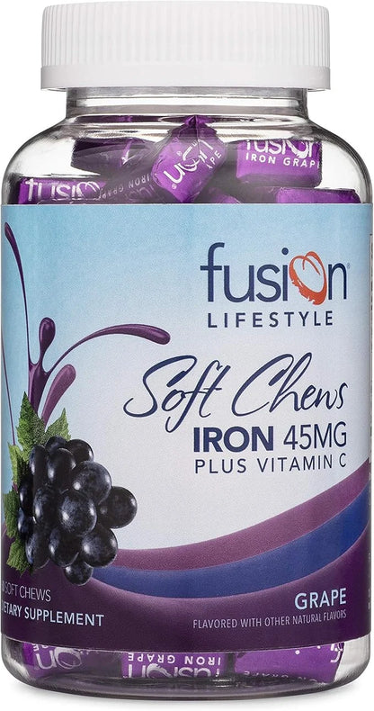 Iron Supplement for Women and Men, Grape Flavored Iron Soft Chew Plus Vitamin C for Iron Deficiency and Anemia, 2 Month Su...