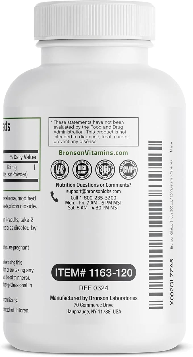 Bronson Ginkgo Biloba Extra Strength Supports Brain Function & Memory Support, 120 Vegetarian Capsules - Product Image