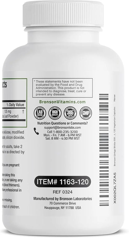 Bronson Ginkgo Biloba Extra Strength Supports Brain Function & Memory Support, 120 Vegetarian Capsules - Product Image