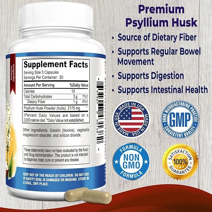 Psyllium Husk Dietary Fiber Supplement 2175mg, 90 Capsules