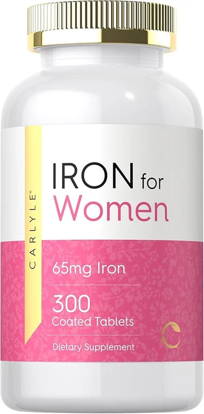 Carlyle Iron for Women 65mg | 300 Coated Tablets | Vegetarian, Non-GMO & Gluten Free Supplement - Product Image