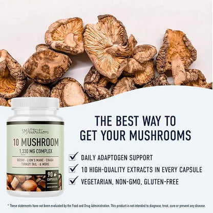 10 Mushroom Complex Supplement 1300+ MG 90 Capsules