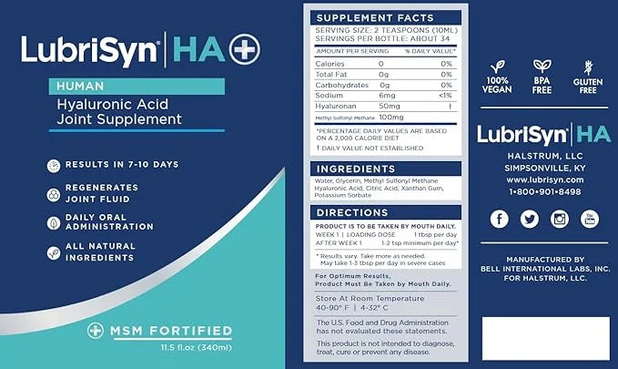 Lubrisyn HA with MSM - Proprietary Vegan Joint Relief Edible Supplement Made in USA for Humans - 30 Day Supply of Liquid H...