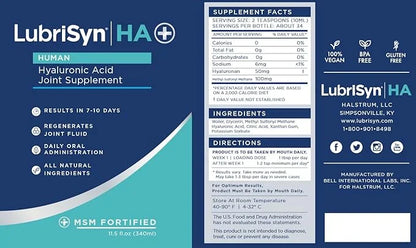 Lubrisyn HA with MSM - Proprietary Vegan Joint Relief Edible Supplement Made in USA for Humans - 30 Day Supply of Liquid H...