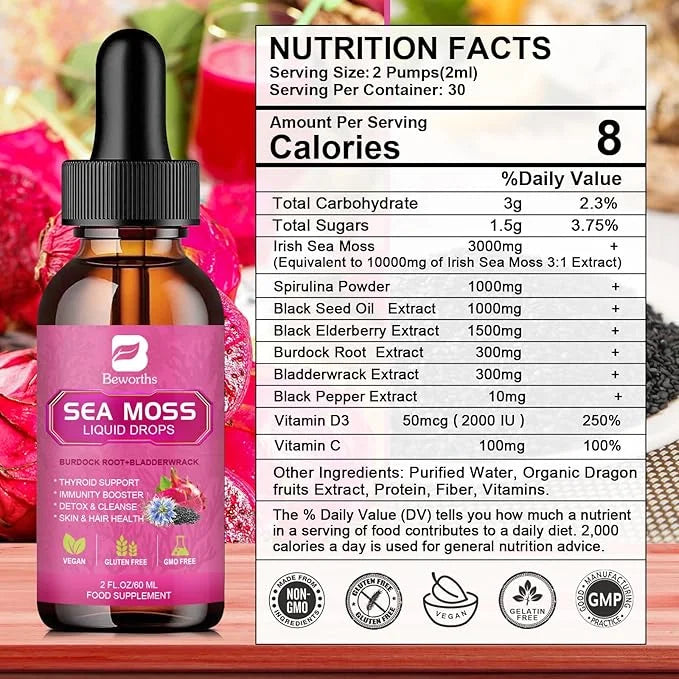 3000mg Sea Moss Liquid Drops D3, 6X 6X Stronger