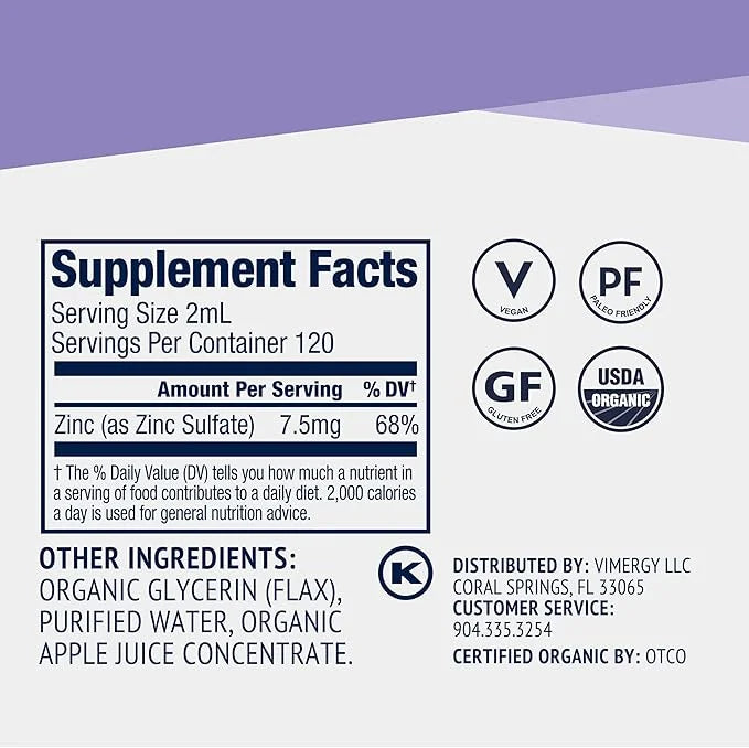 Vimergy Liquid Zinc Refill – Fast-Absorbing Immune Support* – Promotes Healthy Bones & Skin – USDA Certified Organic, Vega...