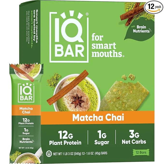 IQBAR Brain and Body Plant Protein Bars - Matcha Chai - 12-Count Low Carb - Gluten Free, High Fiber, Vegan Snacks - Low Su...