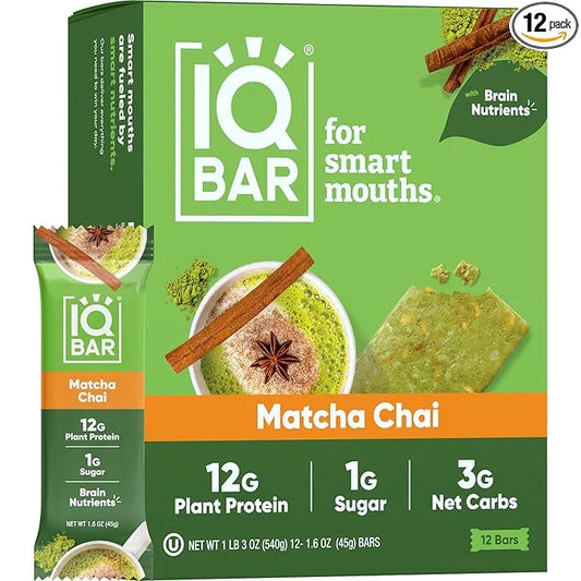 IQBAR Brain and Body Plant Protein Bars - Matcha Chai - 12-Count Low Carb - Gluten Free, High Fiber, Vegan Snacks - Low Su...