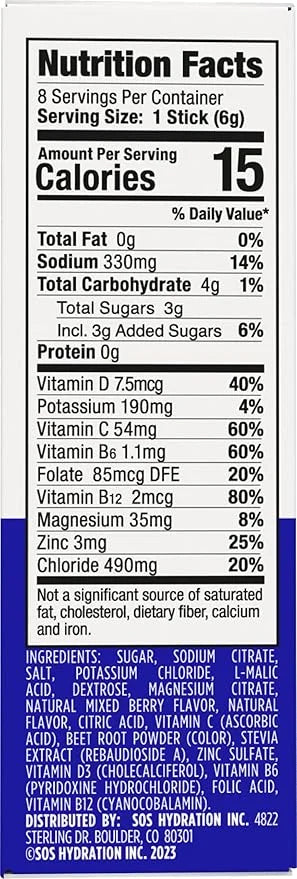 SOS Hydration Electrolyte Powder Packets, Mixed Berry Flavor, 8 Stick Packs – Low-Calorie, Rapid Rehydration, Made in USA,...