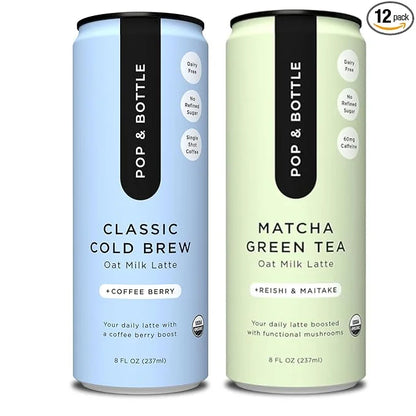 Pop & Bottle, Classic and Matcha Oat Milk Lattes - Reishi and Maitake Mushrooms, Green Tea, Cold Brew, Coffee Berry, MCT O...