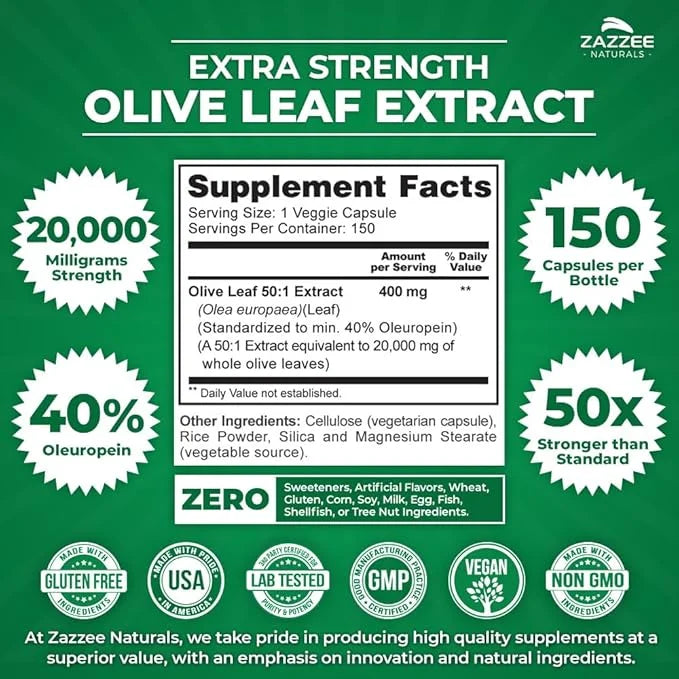 Zazzee Extra Strength Olive Leaf 50:1 20,000 mg 40% Oleuropein, 150 Vegan 5 Month 50X Extract, 100% Vegetarian,