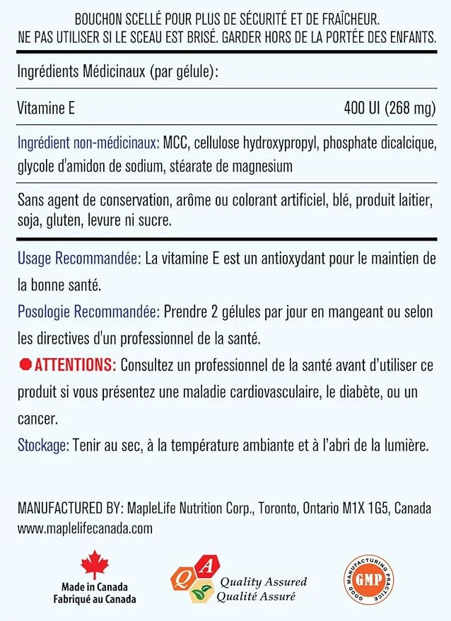 MapleLife Nutrition Vitamin E 400IU 100 softgels