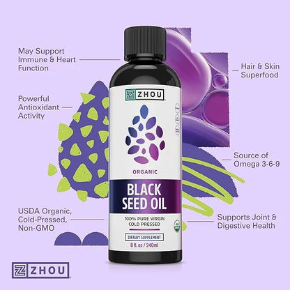 Zhou Organic Black Seed Oil | 100% Virgin Cold Pressed Omega 3 6 9 | Super Antioxidant for Immune Support, Joints, Digesti...
