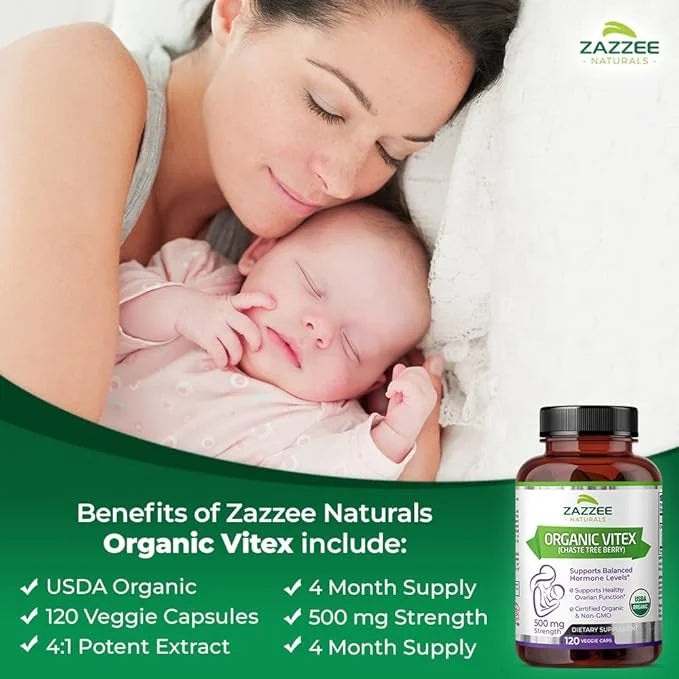 Zazzee USDA Organic Vitex, 500 mg Strength, 120 Vegan Capsules, 4 Month Supply, Standardized and Concentrated 4X Extract, ...