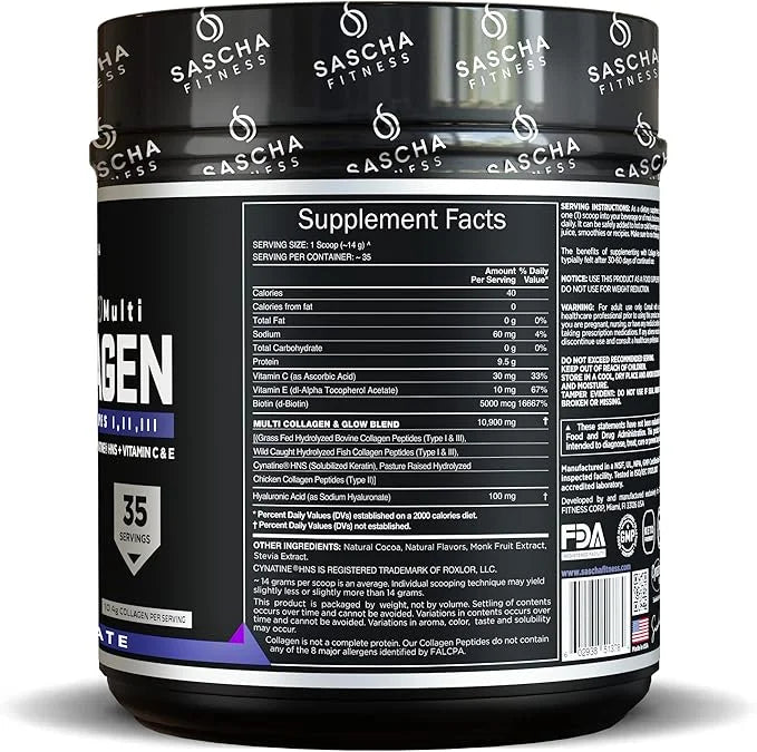 SASCHA FITNESS Hydrolyzed Multi Collagen Peptides 1,2 & 3 |Hyaluronic