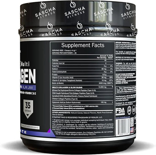 SASCHA FITNESS Hydrolyzed Multi Collagen Peptides 1,2 & 3 |Hyaluronic
