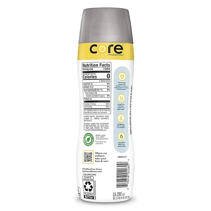 CORE Hydration+ Immunity, Lemon Extract Nutrient Enhanced Water with Vitamin C and Zinc, 23.9 Fl Oz Bottle (Pack of 12) - ...