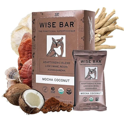 Wise Bar Adaptogen Mushroom Nutrition Bars with Reishi, Lions Mane & Ashwagandha, Organic Vegan & Gluten Free Snacks for N...