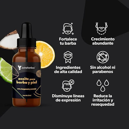 Beard and Skin Oil 30ml - 100% Natural and Organic with MCT Coconut, Bergamot, Vitamin E - Stimulates Growth, Deep Hydrati...