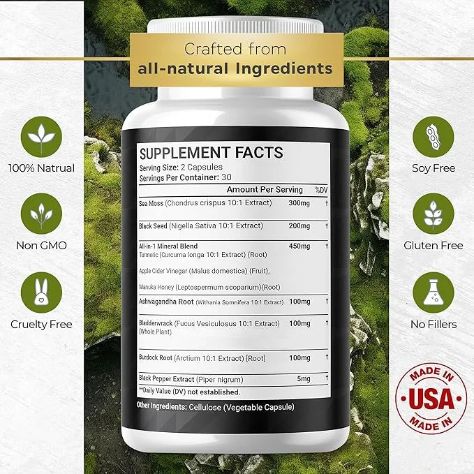 Sea Moss 3000mg Black Seed Oil 2000mg Ashwagandha 1000mg Turmeric 1000mg Bladderwrack 1000mg Burdock 1000mg & D3 with 60 C...