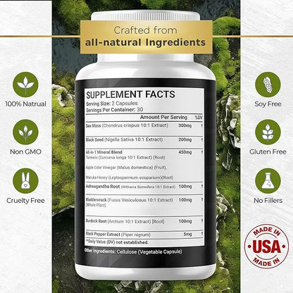 Sea Moss 3000mg Black Seed Oil 2000mg Ashwagandha 1000mg Turmeric 1000mg Bladderwrack 1000mg Burdock 1000mg & D3 with 60 C...