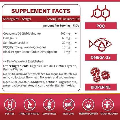 CoQ10-200mg-Softgels with PQQ, BioPerine & Omega-3, 120 Servings Q10(Ubiquinone) Supplement
