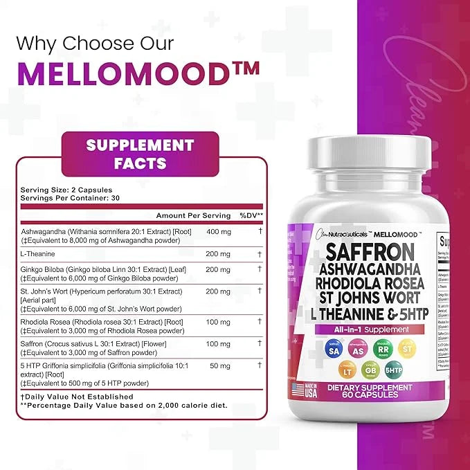 Clean Saffron Supplements with Ashwagandha 8000mg 200mg, Ginkgo 6000mg, St. 6000mg, Rhodiola 3000mg & 5-HTP 500mg 500mg -
