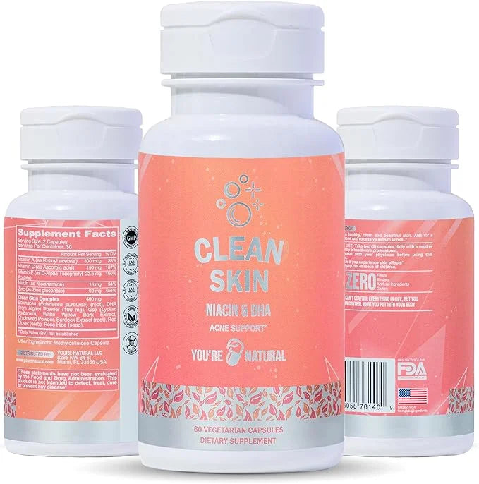 YOU'RE NATURAL Clean Skin Supplement | Acne Support | Skin Support Vitamins for Women, Men & Teens, Vitamin A, Zinc, DHA, ...