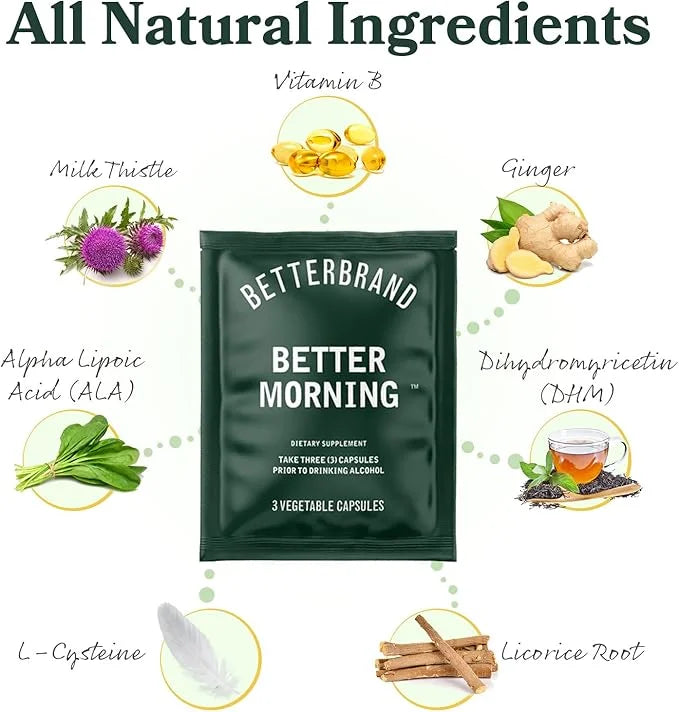 Betterbrand BetterMorning All-Natural Ingredients Including DHM | Prevents Headaches & Nausea and Supports Liver Aid | Glu...