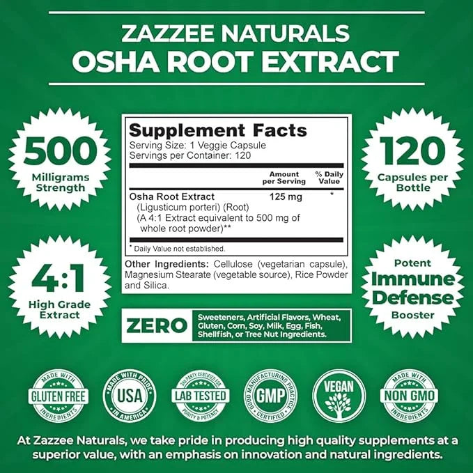 Zazzee OSHA Root 4:1 Extract, 500 120 Vegan 4 Month 4X Extract, 100% Vegetarian,
