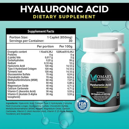 Hyaluronic Acid Supplement, Natural Skin Hydration, Advanced Joint Support and Mobility Booster, Type II Hydrolyzed Collag...