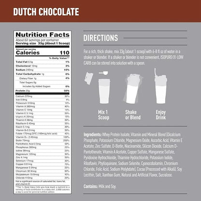 Isopure Low Carb 100% Pure Whey Isolate Protein Powder, Lactose Free, Gluten Free, With Vitamins, Dutch Chocolate, 25g Pro...