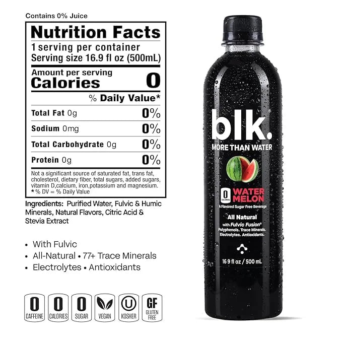 blk. Natural Mineral Alkaline Water, Watermelon, 500 mL Pack of 12, 8 pH Water, Bioavailable Fulvic & Humic Acid Extract, ...