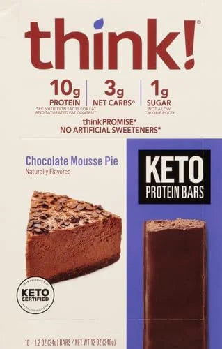 think! Delight, Keto Protein Bars, Healthy Low Carb, Gluten Free Snack - Chocolate Mousse Pie, 10 Count (Packaging May Var...