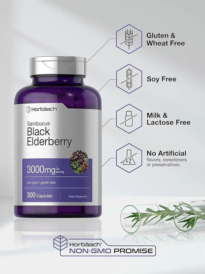 Horbäach Black Elderberry 3000mg Capsules 300 Count