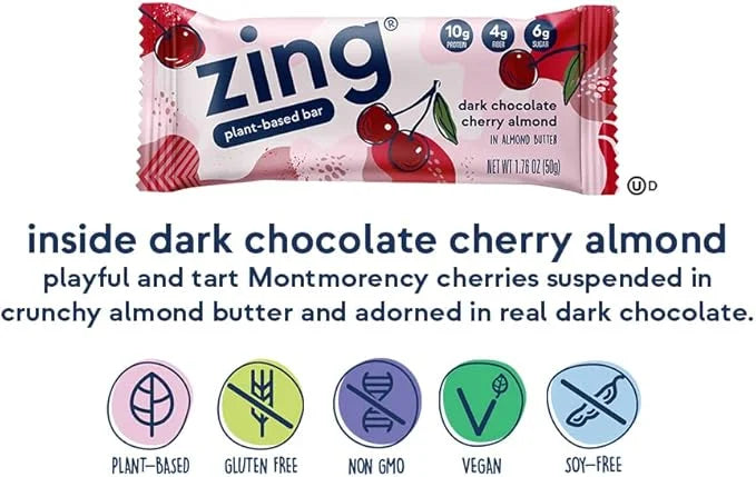 Zing Dark Chocolate Cherry Vegan Protein Bars, Gluten Free with High Protein, High Fiber, Dairy Free Nutrition Bars, Plant...